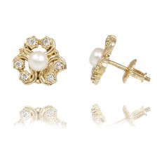 עגילים צמודים בצורת פרח עם פנינה ויהלומים 