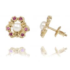 עגילי פרח מזהב משובצים פנינה ואבני רובי 