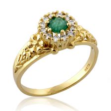 טבעת וינטאג' פרחונית משובצת אמרלד ויהלומים