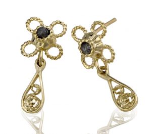 Ornamental Raw Diamond Yellow Gold Earrings 