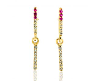 Delicate Diamond and Ruby Bar Earrings 14k Gold