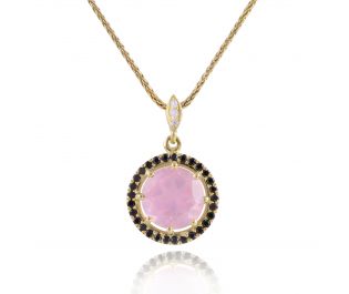 Rose Gold Rose Quartz and Black Diamond Halo Pendant 