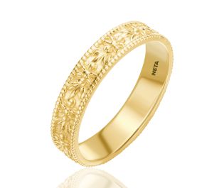 Wide Floral Engraved Gold Wedding Band